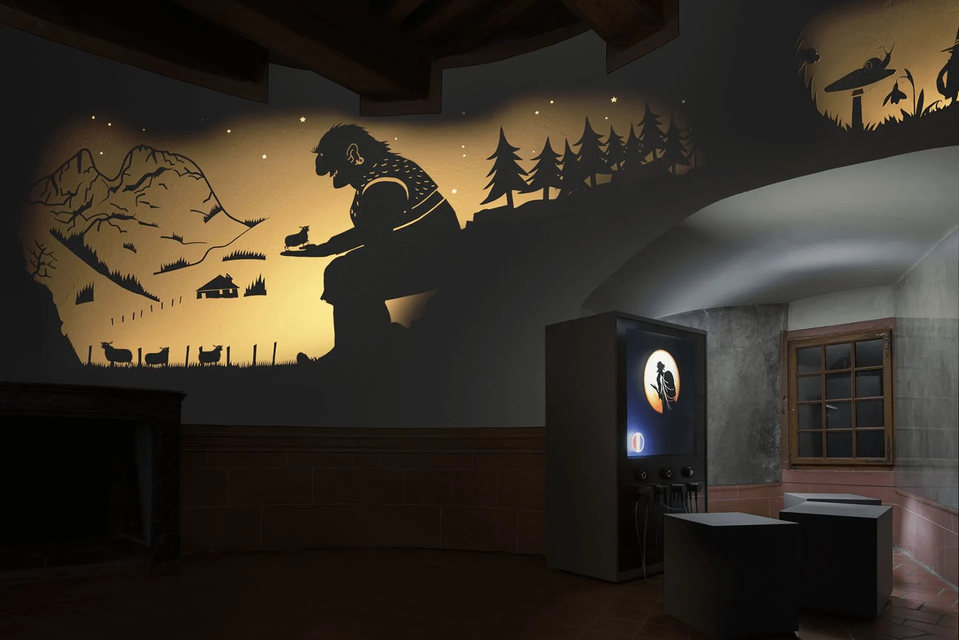 Images de installation interactive réalisée pour Château de Gruyère - la Salle de Légende permet de choisir et de lancer des récits légendaires gruériens mis en image par les frères Sam et Fred Guillaume 04